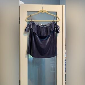 ☁️🌚Grey Velvet Off-the-Shoulder Ruffle Top